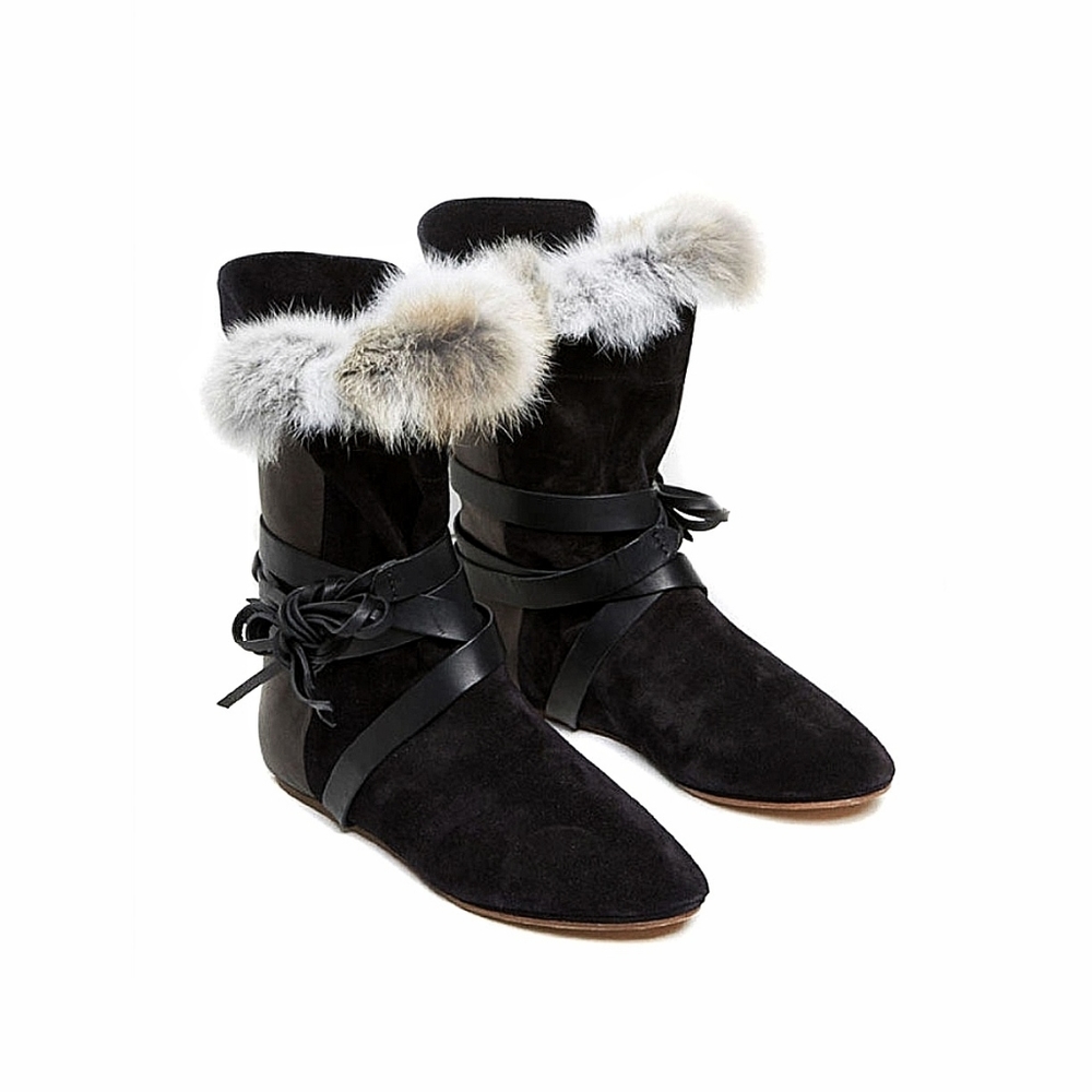 Isabel Marant Nia Lamb Leather Rabbit Fur Lace Up Boots